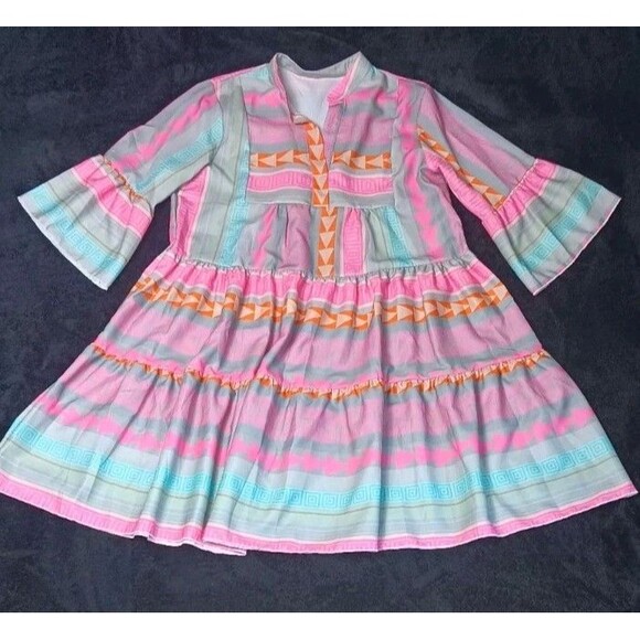 Unbranded Dresses & Skirts - Boho Linen Blend Tiered Bell Sleeve Tunic Dress Small Aztec Geometric Lagenlook